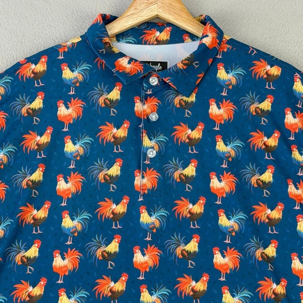 Waggle Maui Golf Polo Shirt Mens 2XL Blue Rooster Print Performance - Picture 2 of 10